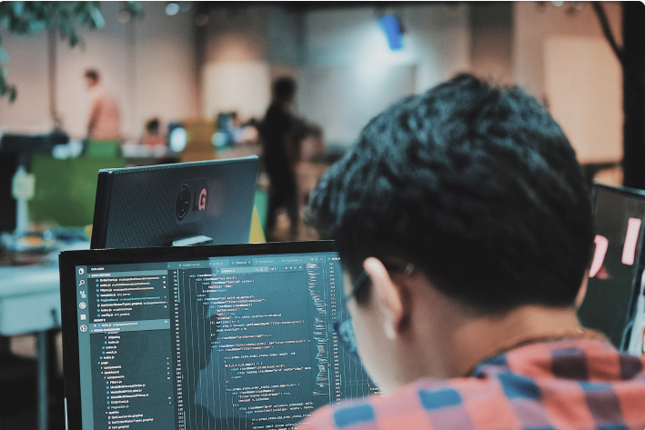 A game developer coding