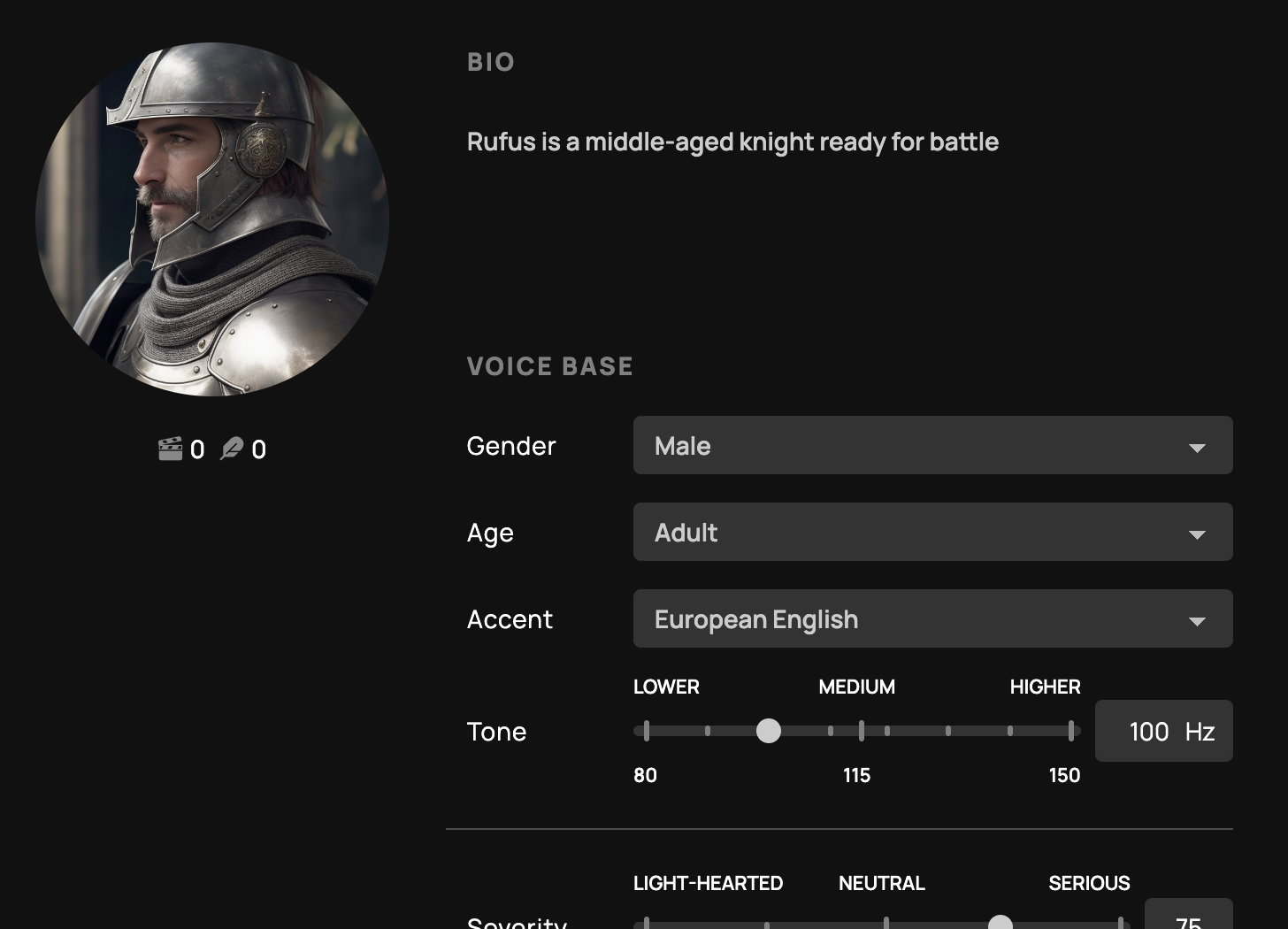 Screenshot of the character creation page