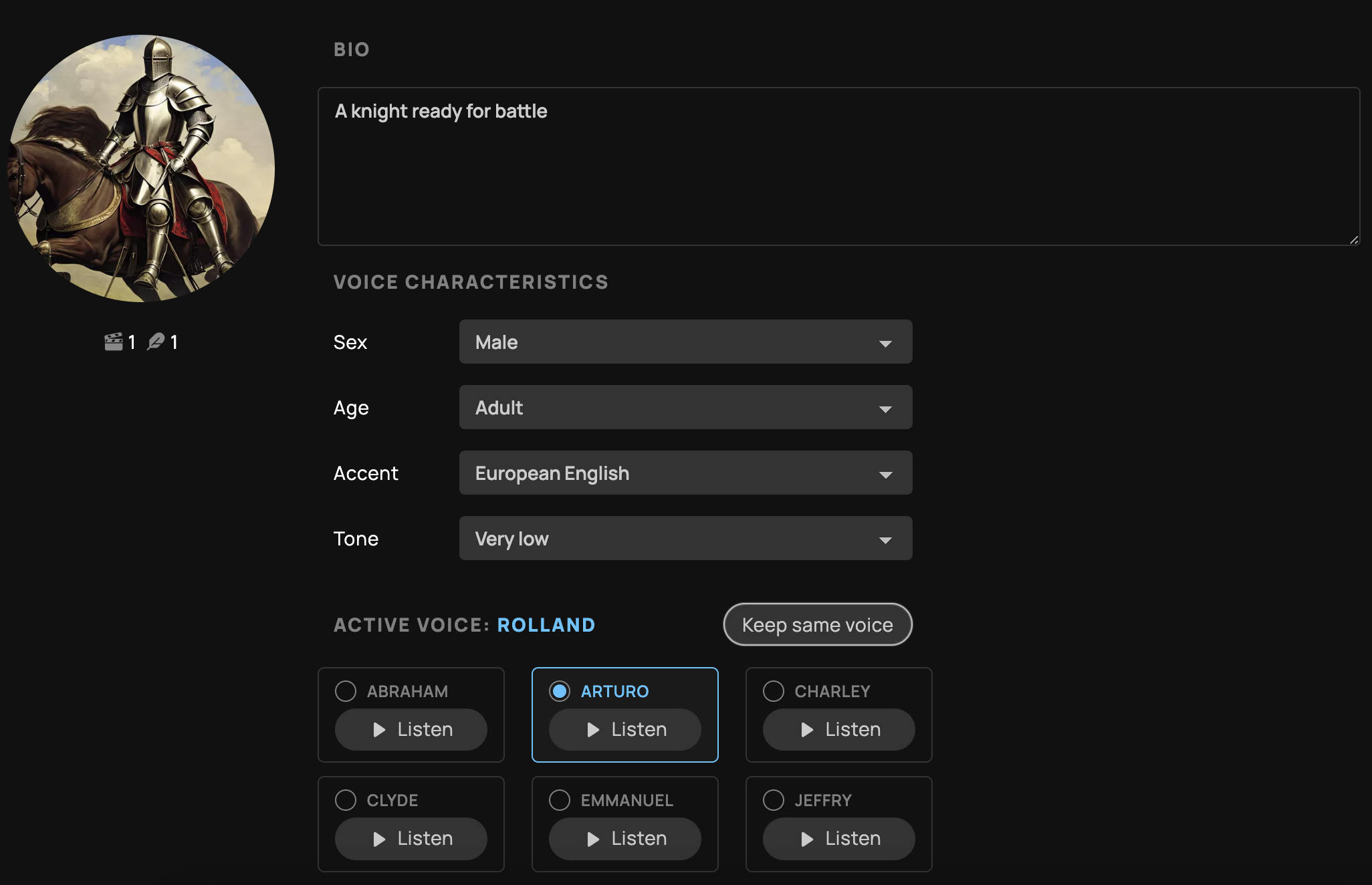 Screenshot of the character creation page